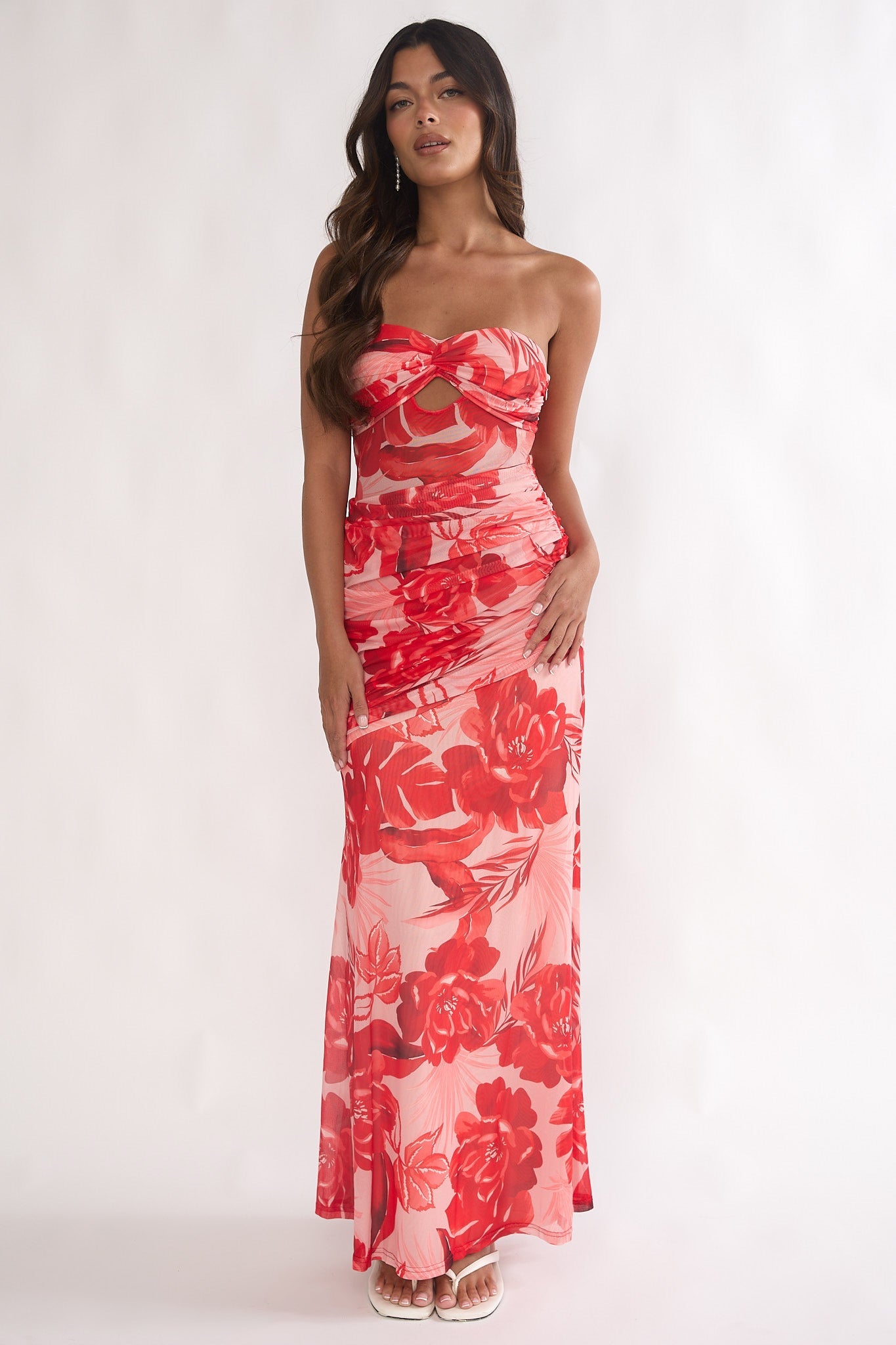 Kallira Strapless Ruched Maxi Dress Floral Red
