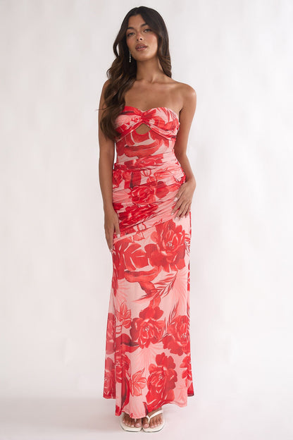 Kallira Strapless Ruched Maxi Dress Floral Red