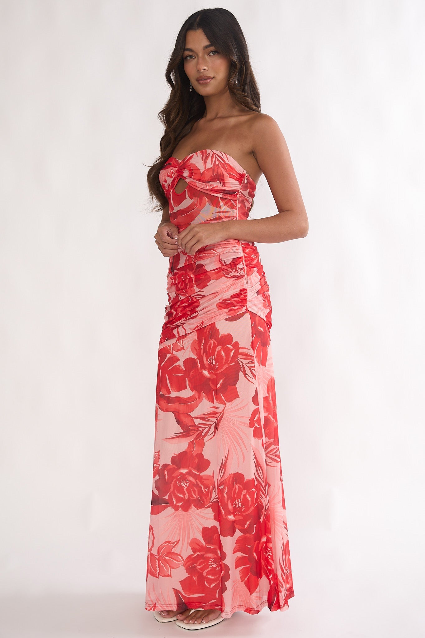 Kallira Strapless Ruched Maxi Dress Floral Red