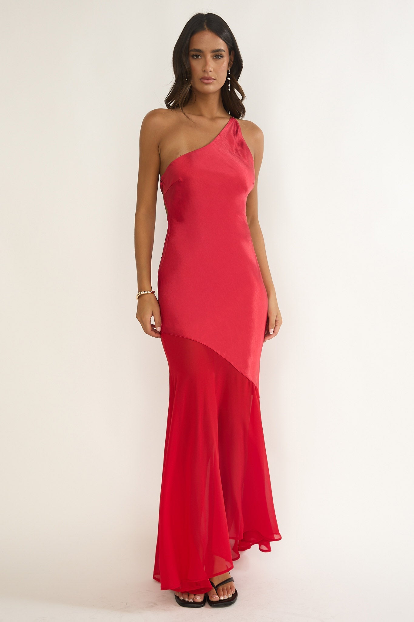 Mireya One-Shoulder Sheer Hem Maxi Dress Red