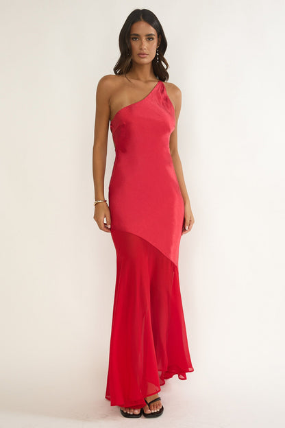 Mireya One-Shoulder Sheer Hem Maxi Dress Red
