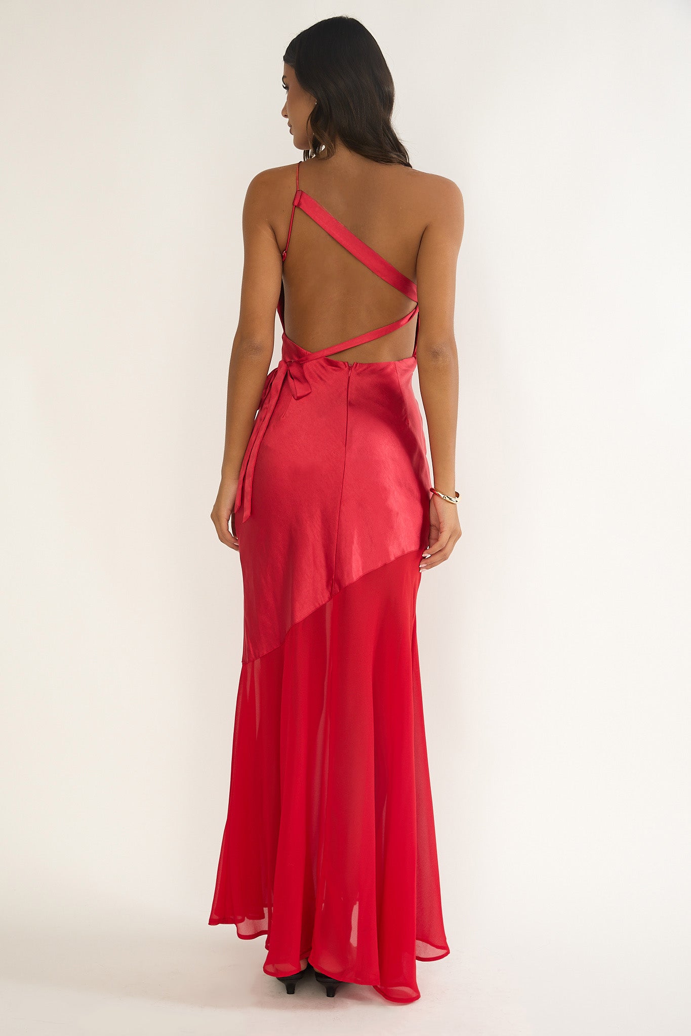 Mireya One-Shoulder Sheer Hem Maxi Dress Red