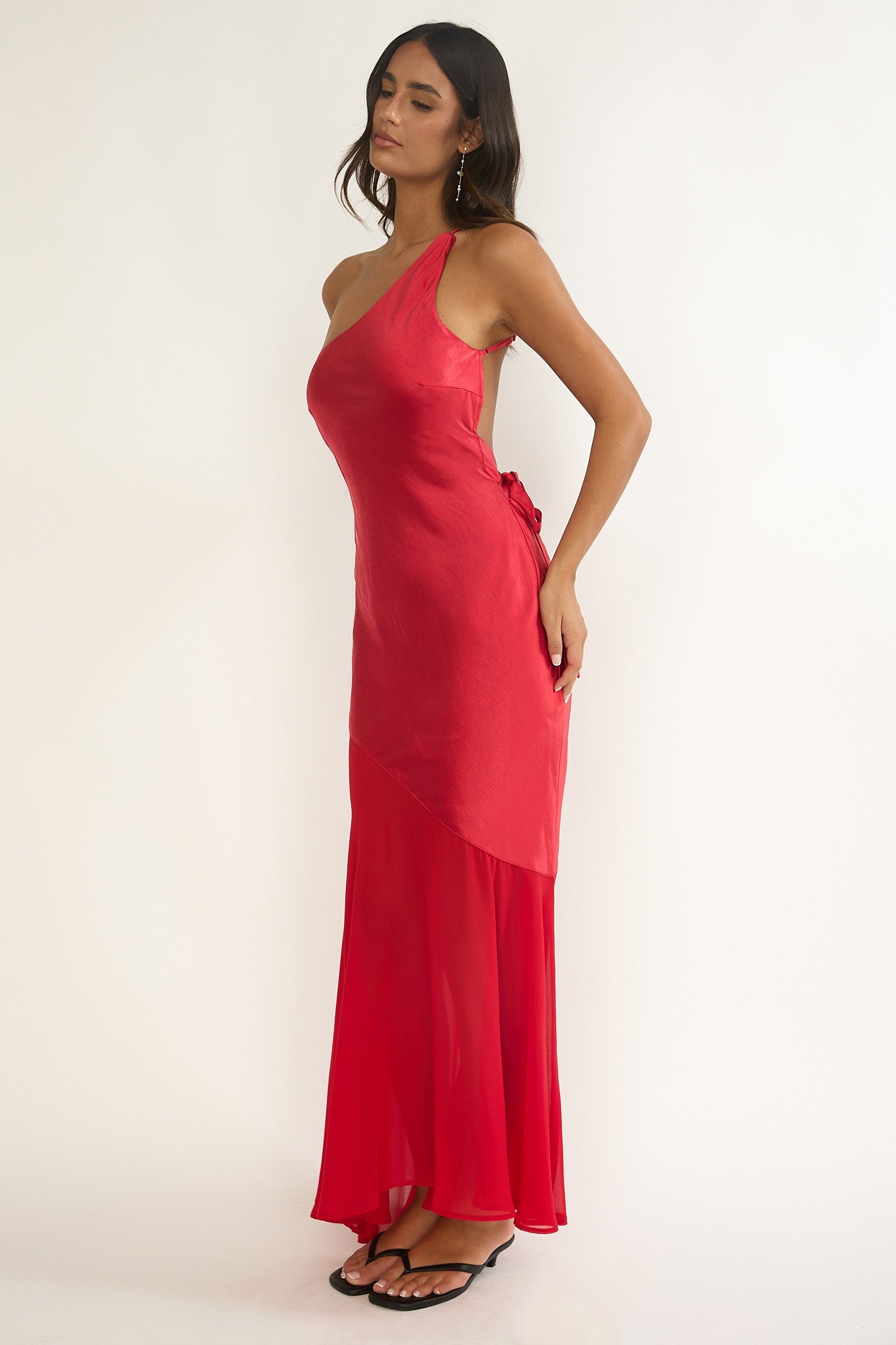 Mireya One-Shoulder Sheer Hem Maxi Dress Red