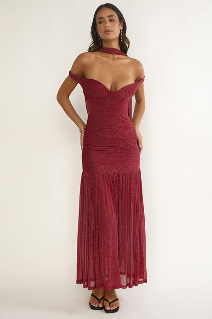 Delora Off-Shoulder Scarf Maxi Dress Red