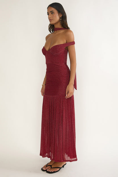 Delora Off-Shoulder Scarf Maxi Dress Red
