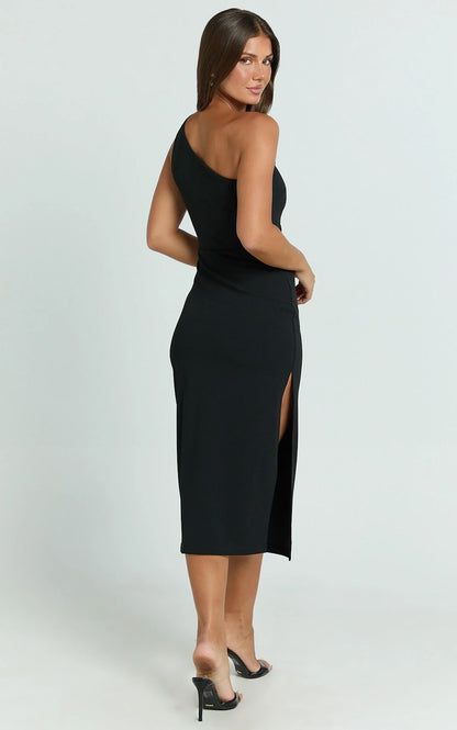 Monette Midi Dress - One Shoulder Straight Dress in Black