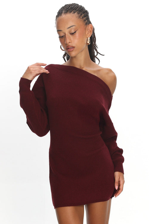 Fremont One-Shoulder Fuzzy Knit Mini Dress Wine