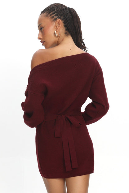 Fremont One-Shoulder Fuzzy Knit Mini Dress Wine