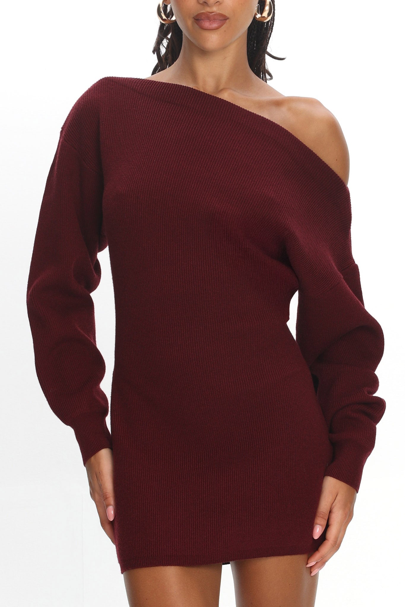 Fremont One-Shoulder Fuzzy Knit Mini Dress Wine