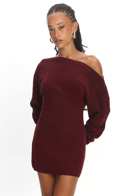 Fremont One-Shoulder Fuzzy Knit Mini Dress Wine