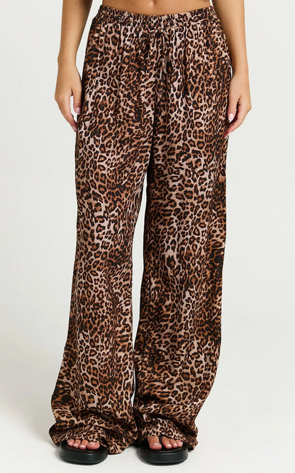 Lopez Linen Blend Pants - Elasticated Straight Leg Pants in Tonal Leopard Print