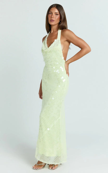 Lucy Maxi Dress - Sequin Cowl Neckline Dress in Citrus