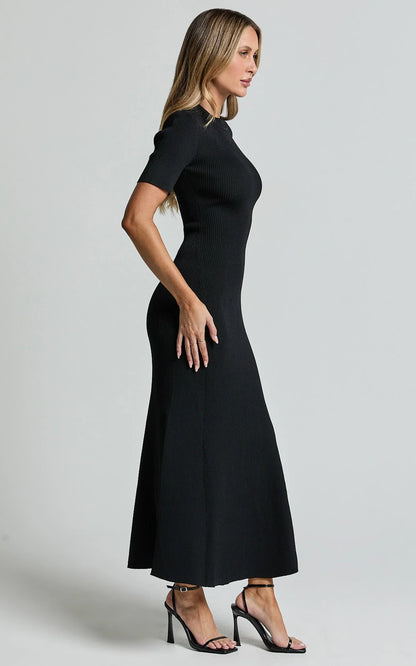 Lanie Midi Dress - Knitted Crew Neck Short Sleeve Dress in Black