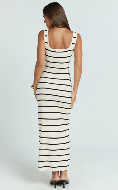 Lucille Maxi Dress - Sleeveless Striped Sweater Dress in Cream / Black Stripe