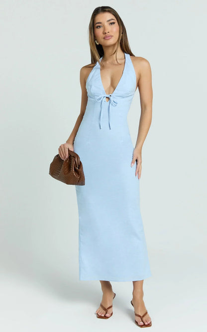 Lyla Midi Dress - Tie Front Plunge Halter Linen Blend Dress in Blue