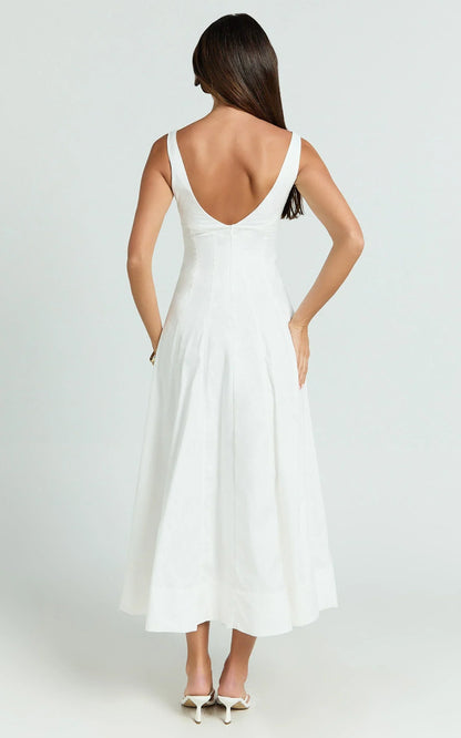 Kristi Midi Dress - Scoop Neck Fit And Flare Dress in Off White