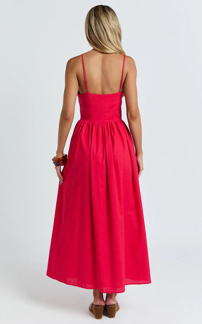 Morris Midi Dress - Linen Scoop Neck Gathered Dress in Red