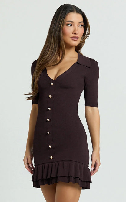Mischa Mini Dress - Collared Short Sleeve Fit And Flare Knitted Dress in Dark Chocolate