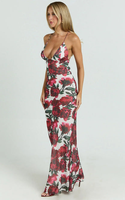 Lenny Maxi Dress - Bias Slip Lace Up Back Dress in Rose Blanca Floral