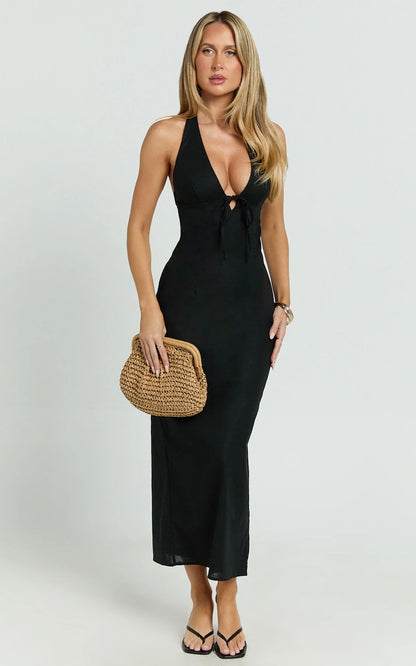 Lyla Midi Dress - Tie Front Plunge Halter Linen Blend Dress in Black