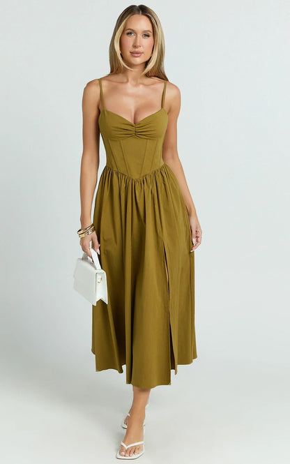 Maddie Midi Dress - Sweetheart Fit And Flare Gathered Dress in Khaki