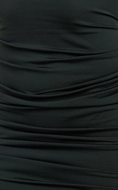 Misty Mini Dress - Wide Neckline Ruched Jersey Dress in Black