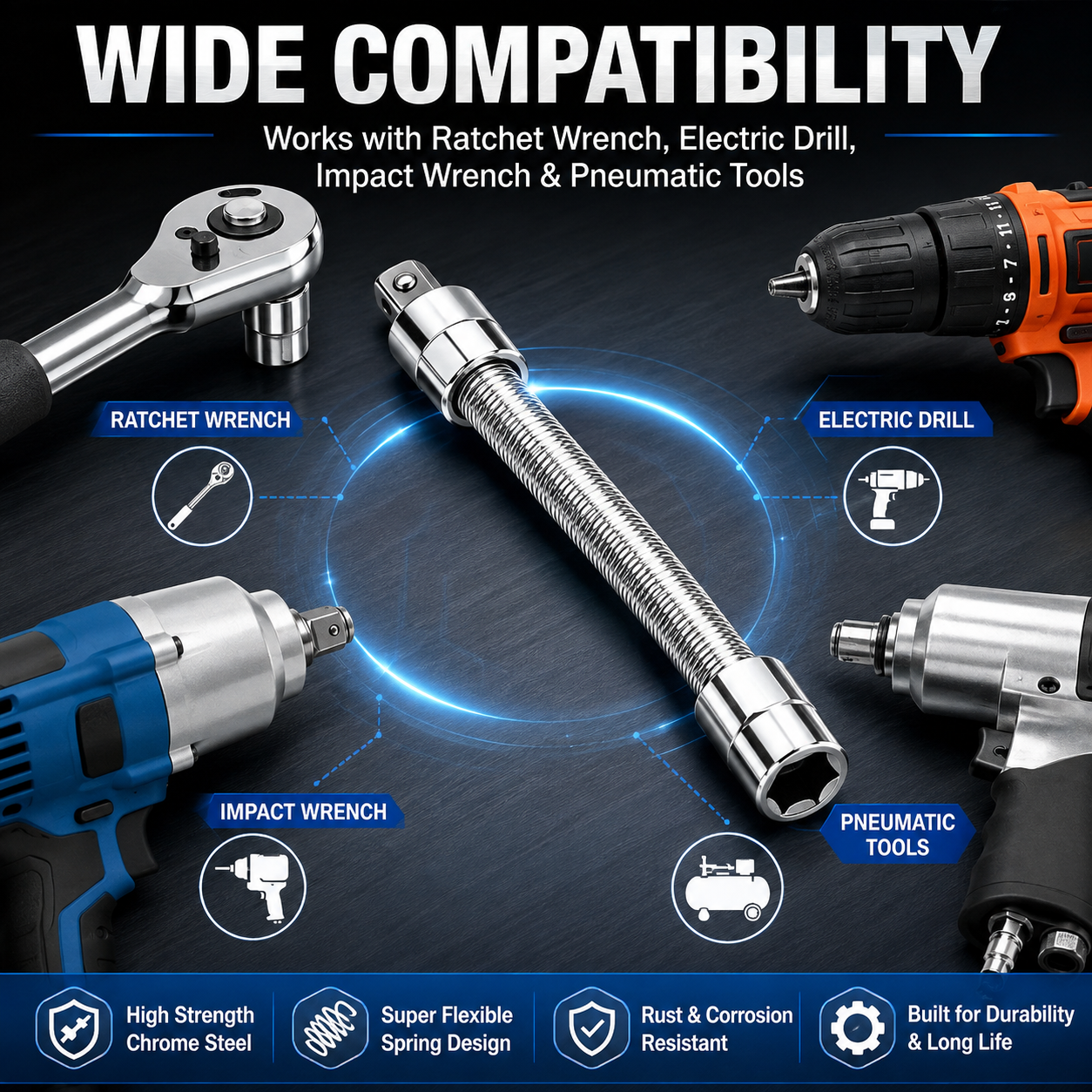 Flexible Socket Extension Bar – 360° Bendable Universal Socket Adapter for Auto Repair & DIY Tools