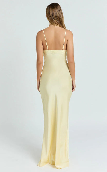 Liliane Maxi Dress - Lace Trim Bias Cut Dress in Lemon