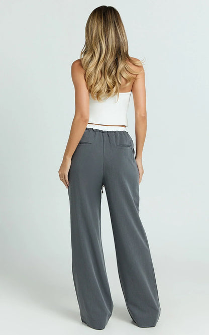 Maliha Pants - Mid Rise Contrast Elasticated Drawstring Wide Leg Tailored Pants in Charcoal