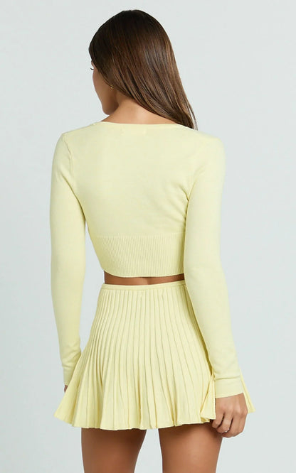 Naomi Two Piece Set - Contrast Knit Button Up Long Sleeve And Pleated Mini Skirt in Lemon