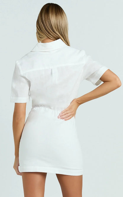 Muriel Mini Dress - Blouson Linen Blend Shirt Dress in Off White