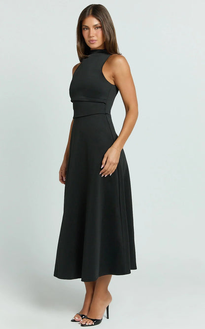 Macy Midi Dress - High Neck A Line Dress in Black