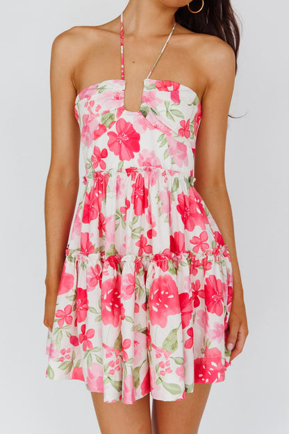 Horizons Frill Trim Mini Dress Floral Pink