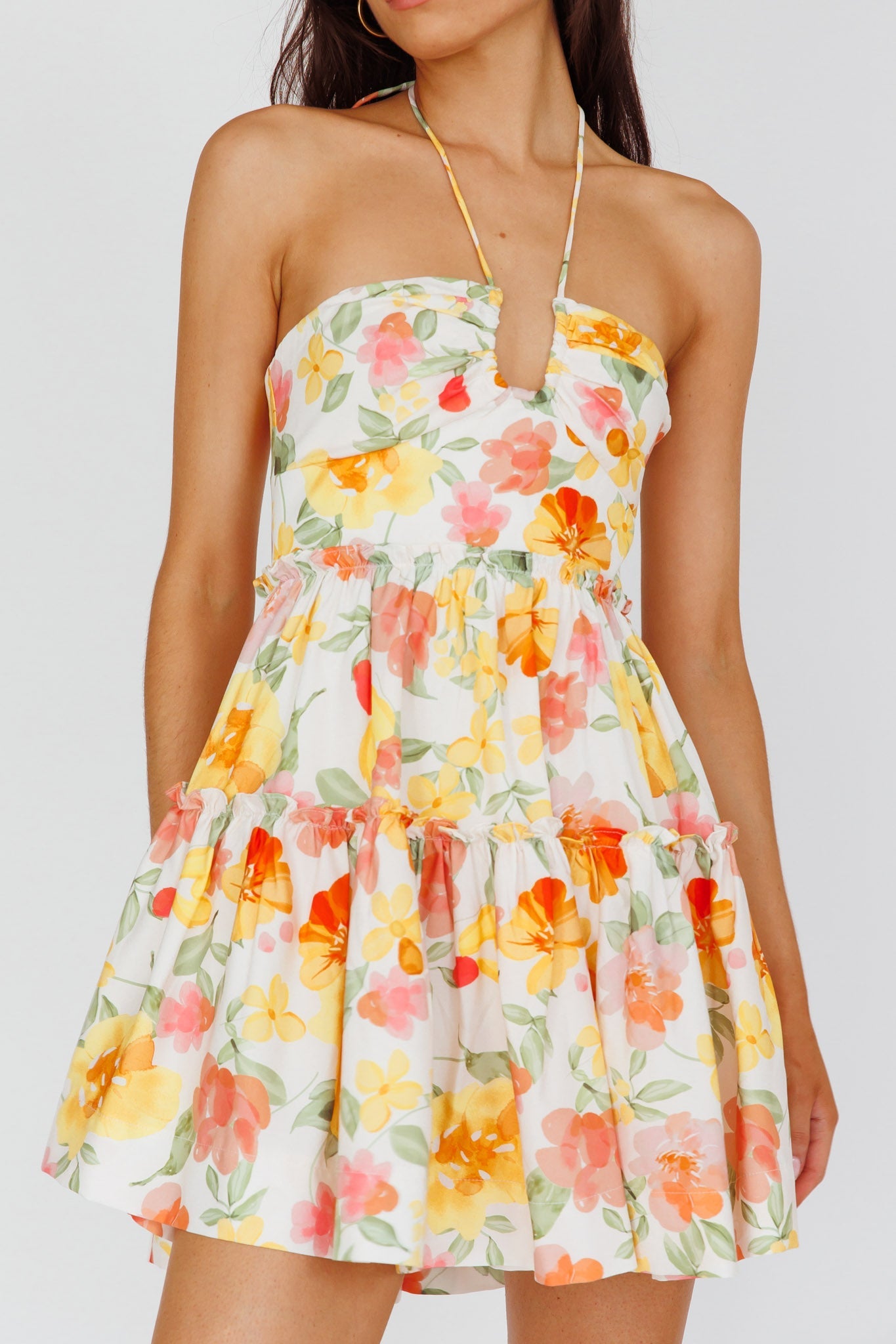 Horizons Frill Trim Mini Dress Floral Yellow
