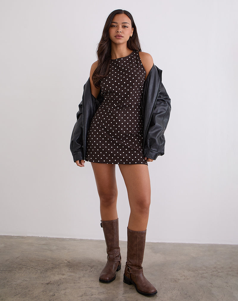 Ayana Open Back Mini Dress in Medium Polka Brown