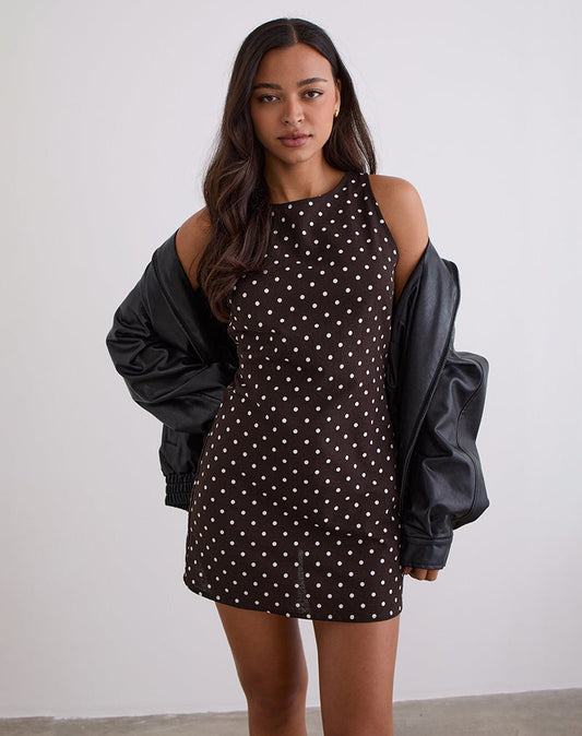 Ayana Open Back Mini Dress in Medium Polka Brown