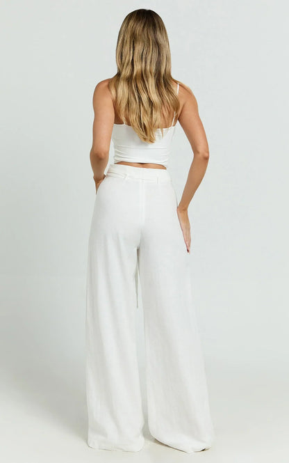 Kyra Pants - Linen Look Belted Wide Leg Pants in White