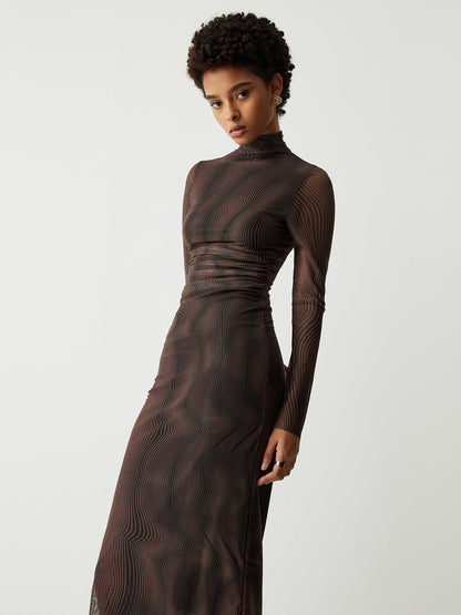 Illusion Tulle Print Mock Neck Mesh Midi Dress