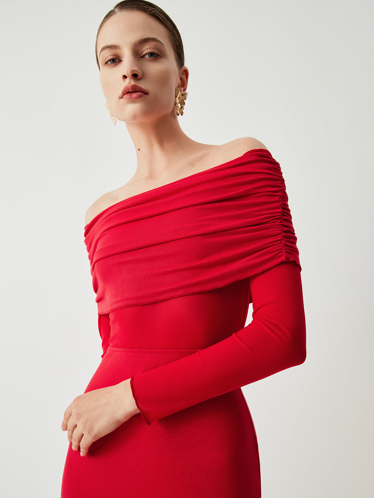 Semi-Sheer Off-Shoulder Mesh Long Sleeve Long Dress