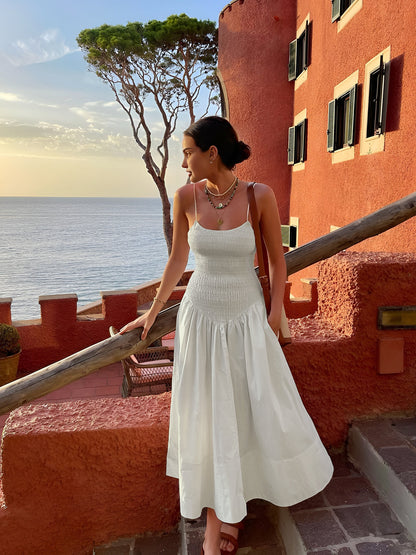 Cotton Blends Shirred Cami Midi Dress