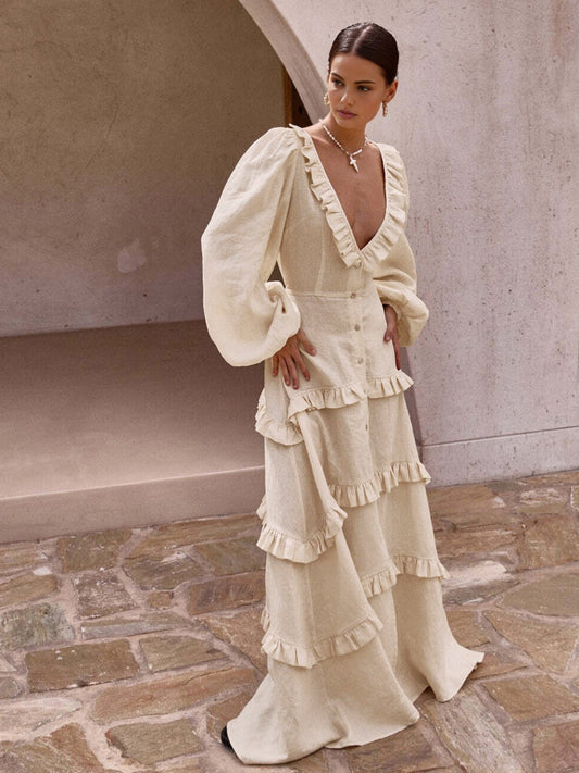 Cotton & Linen Semi-Sheer Ruffle Trim Long Dress