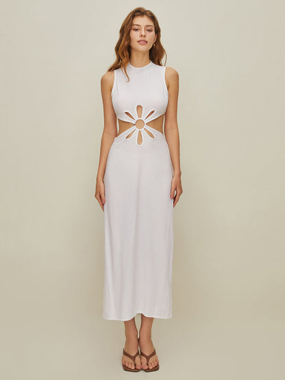 Semi-Sheer Mock Neck Cutout Backless Dress
