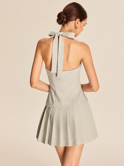 Metal Tie-Neck Zipper Pleated Short Dress