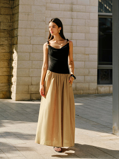 Linen & Cotton Panel Cowl Neck Metal Detail Sleeveless Dress