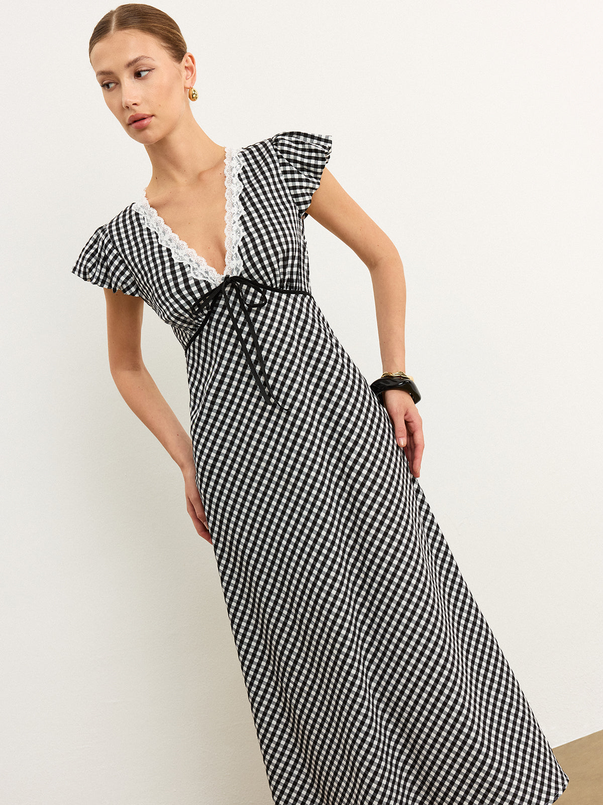 Gingham Lace-Trimmed Midi Dress