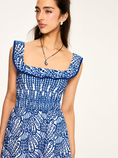 Semi-Sheer Embroidered Maxi Dress with Ruffled Trim