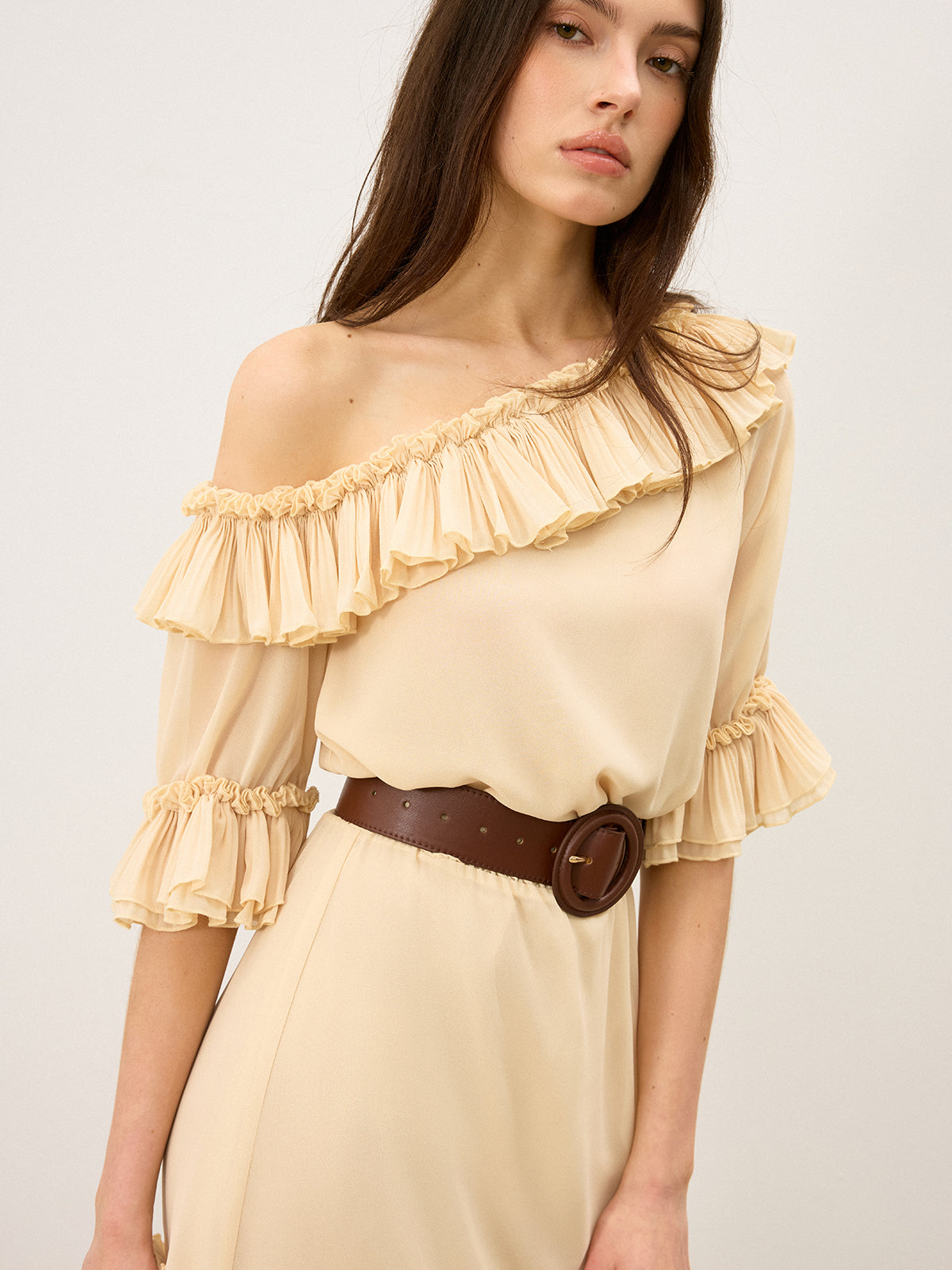 Semi-Sheer Chiffon One-Shoulder Ruffled Mini Dress