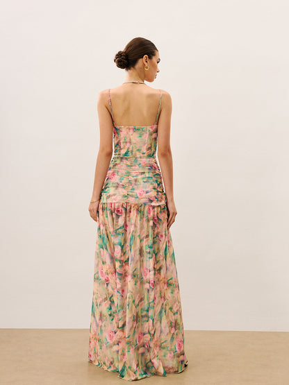 Floral Print Ruched Cami Dress With High Split