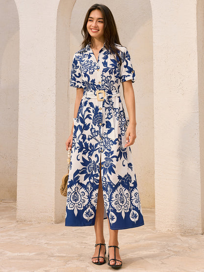 Pocketed Belted Floral Print Midi Dress