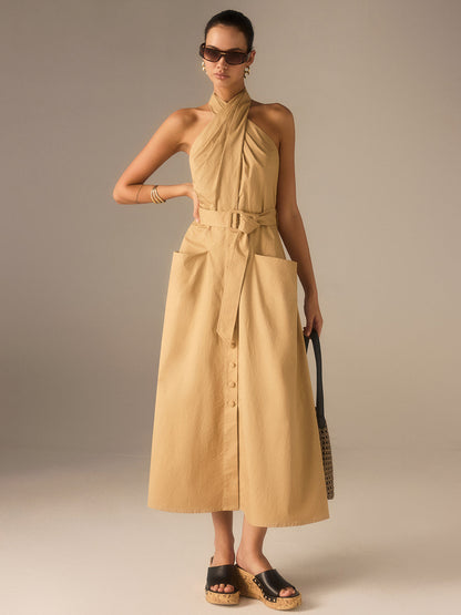 Cotton Pleated Halter Neck Belted Midi Dress